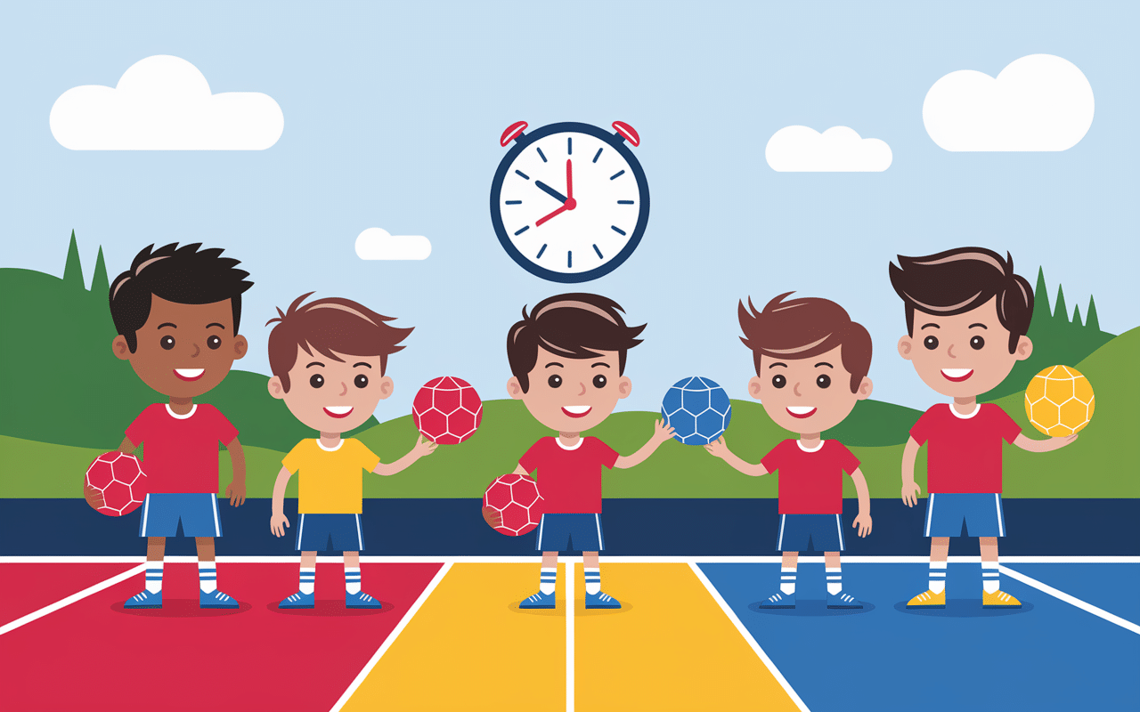 Jeunes joueurs de handball et chronomètre par âge