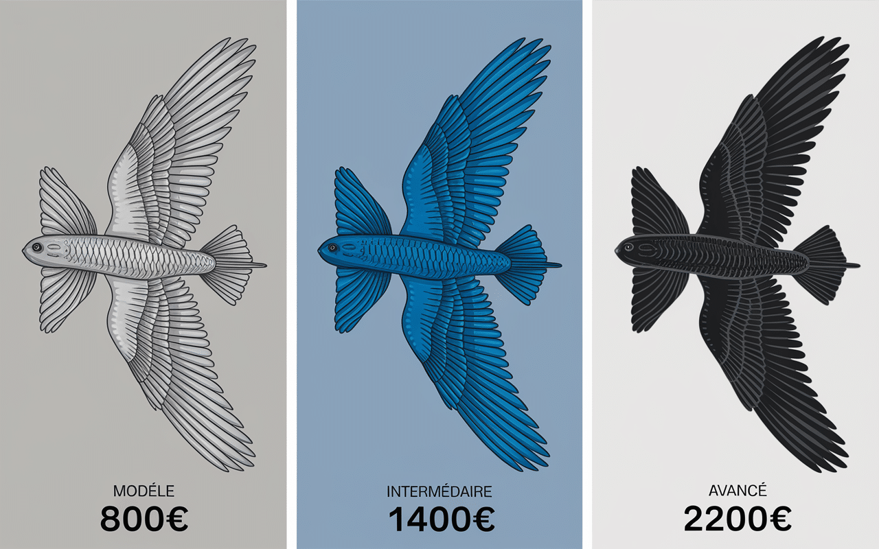 Trois combinaisons ailées avec prix 800€, 1400€, 2200€