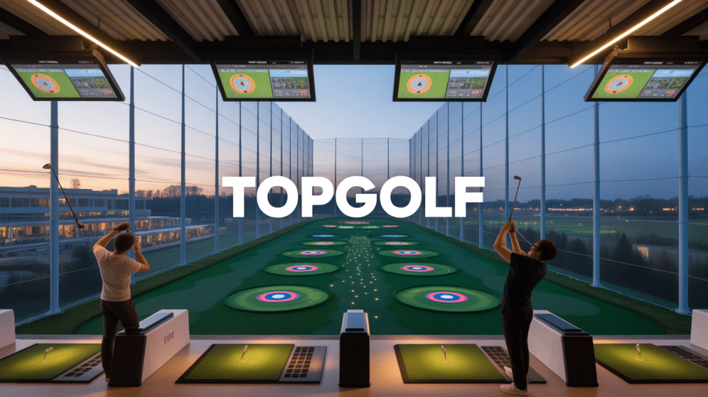 Complexe Topgolf avec zones de frappe et cibles colorées