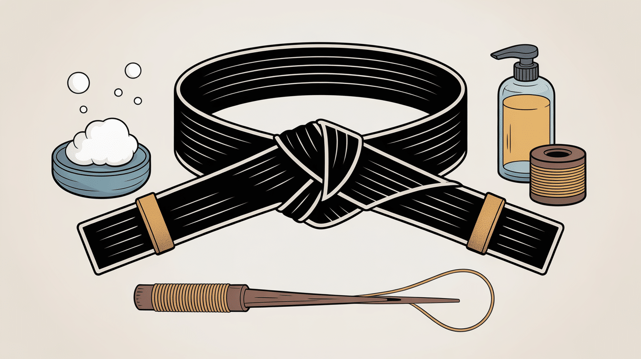 Ceinture de judo noire nouée avec astuces d'entretien et broderie