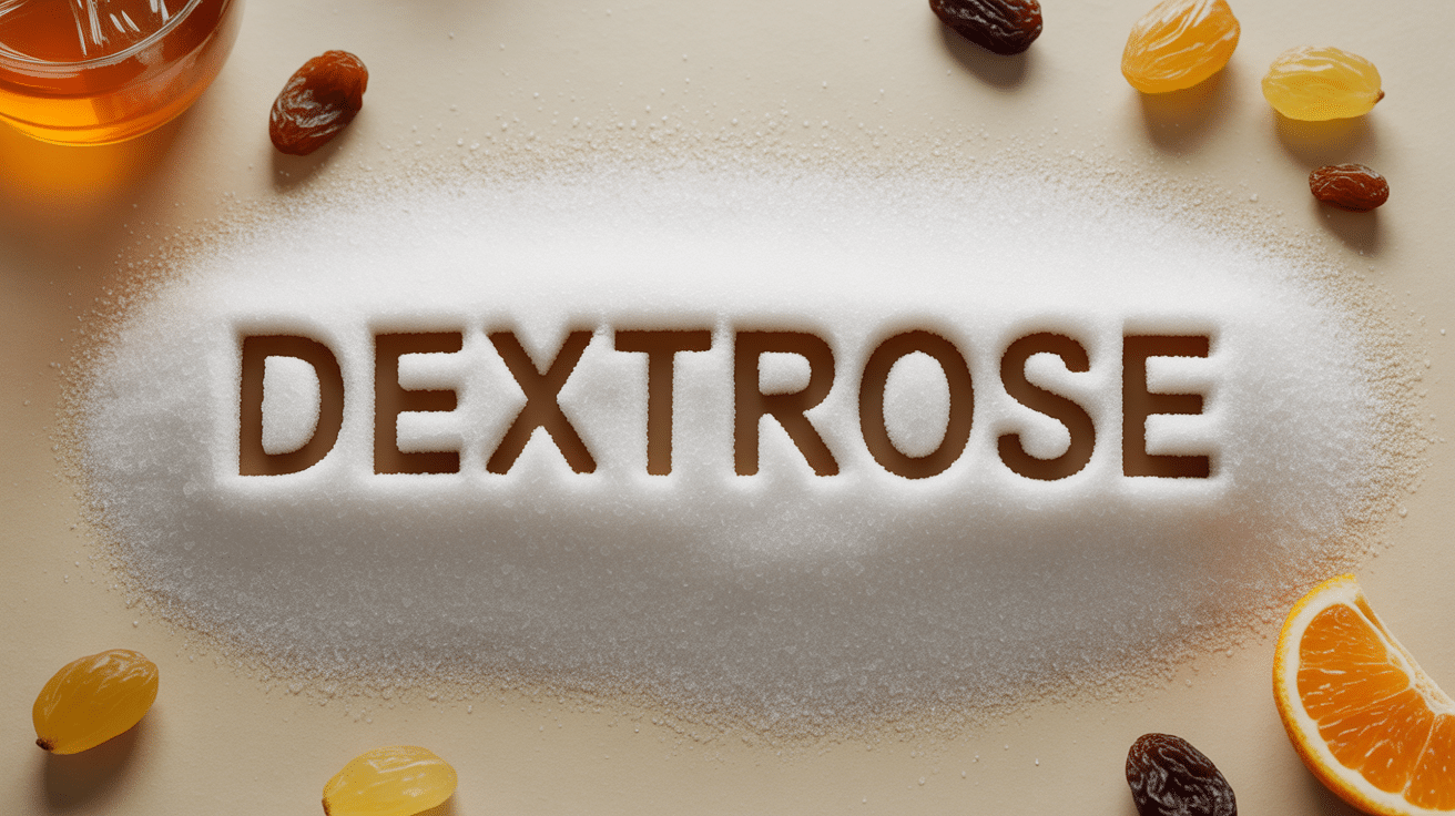 Cristaux de dextrose sur table avec fruits et éléments sportifs