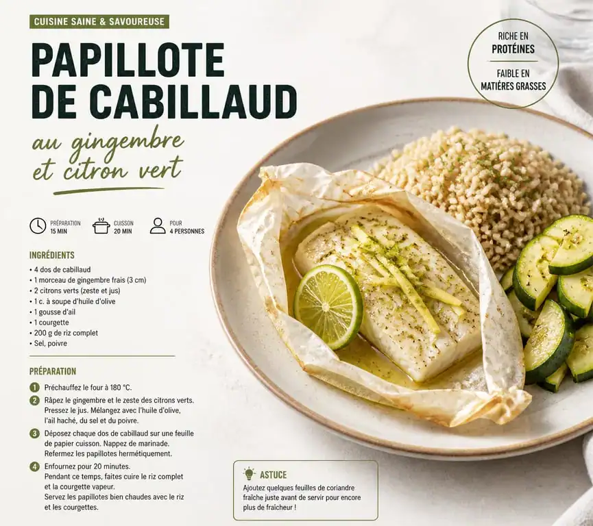 Recette de papillote de cabillaud au citron vert pour maigrir le ventre