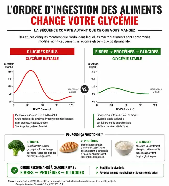 Infographie sur l'ordre des aliments pour maigrir sans régime et stabiliser la glycémie