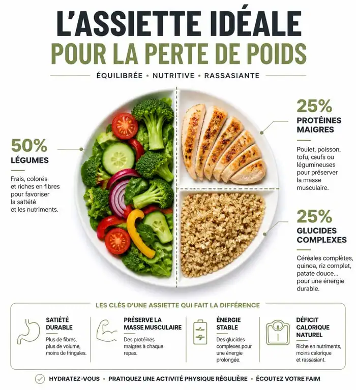 Infographie répartition assiette équilibrée pour perte de poids