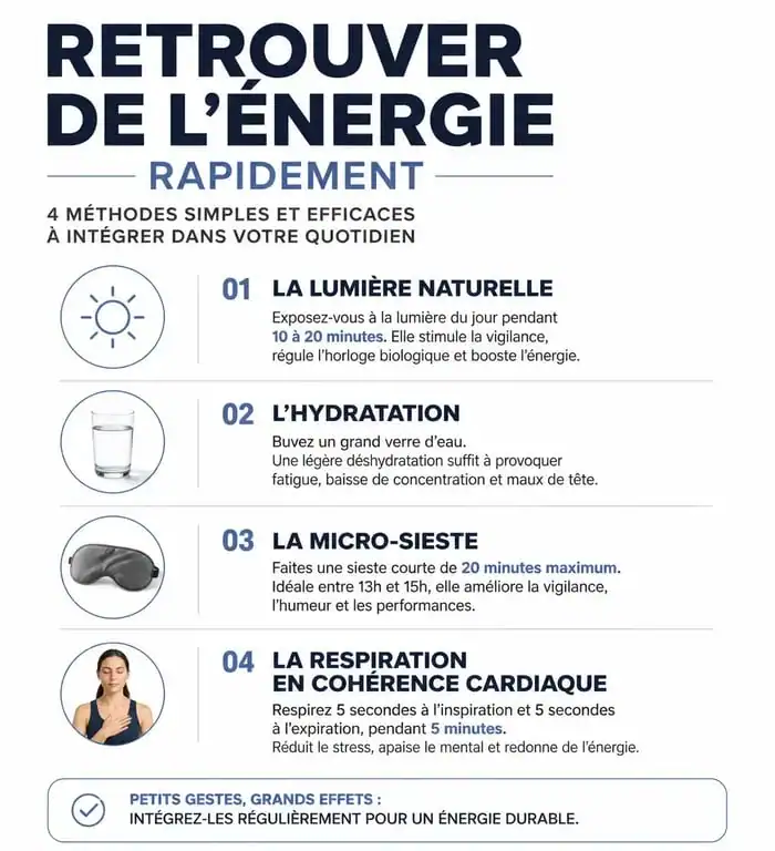 Infographie sur comment avoir de l'énergie rapidement avec des astuces naturelles