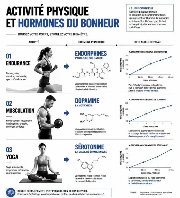 Infographie expliquant le lien entre le sport et les hormones du bonheur comme l'endorphine, la dopamine et la sérotonine.