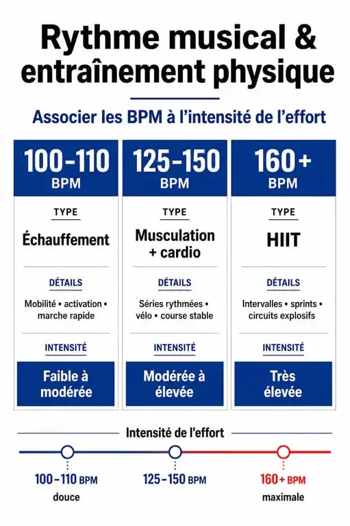Infographie des BPM recommandés pour la musique pour gym selon l'intensité de l'exercice
