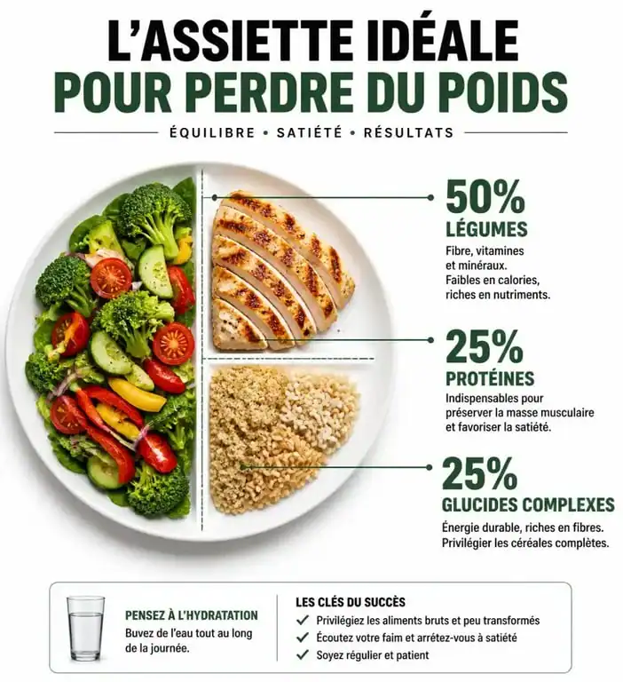 Infographie illustrant la répartition d'une assiette idéale pour la nutrition et la perte de poids