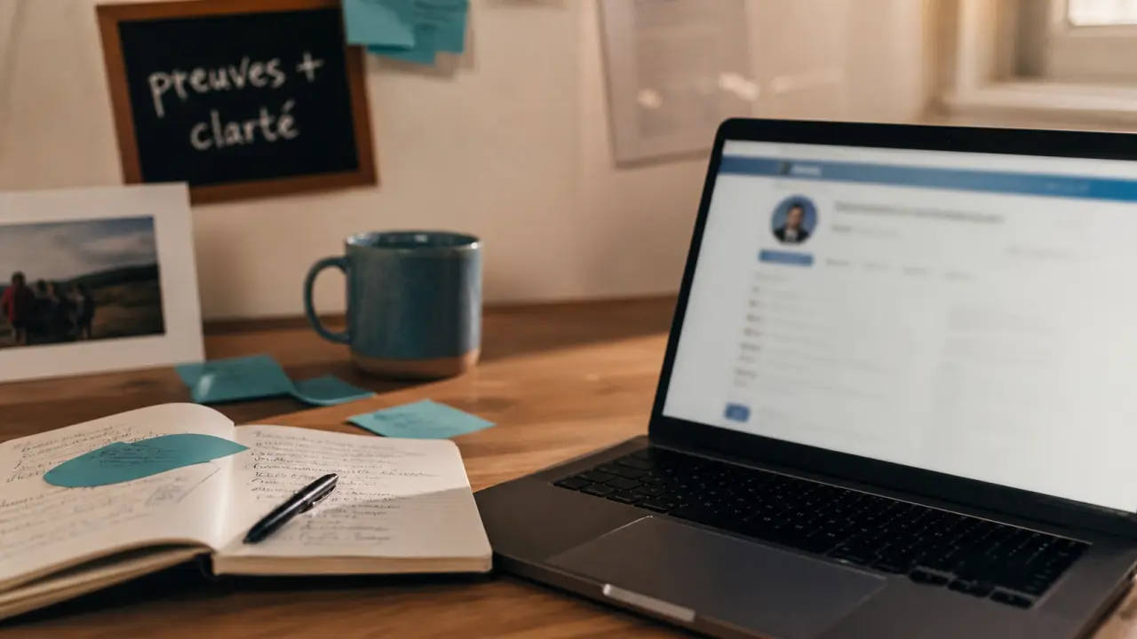 Comment développer son personal branding : valeurs, preuves et canaux, bureau avec LinkedIn flouté