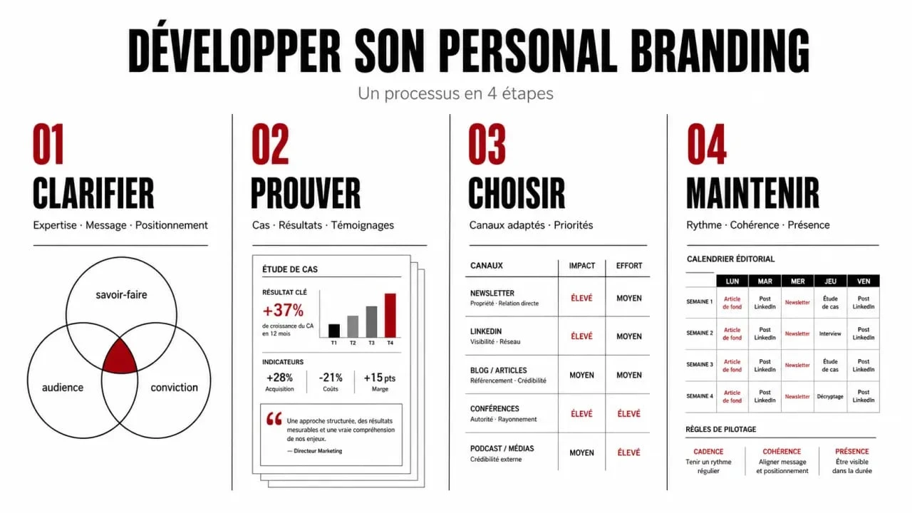 Comment développer son personal branding : schéma éditorial des étapes de clarté, preuves, canaux et régularité