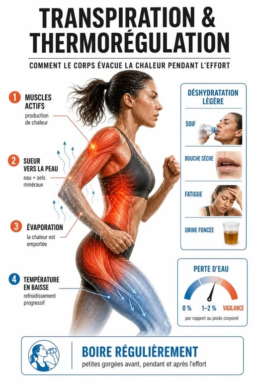 Les bienfaits de la transpiration pendant le sport : schéma du refroidissement du corps et de l'hydratation