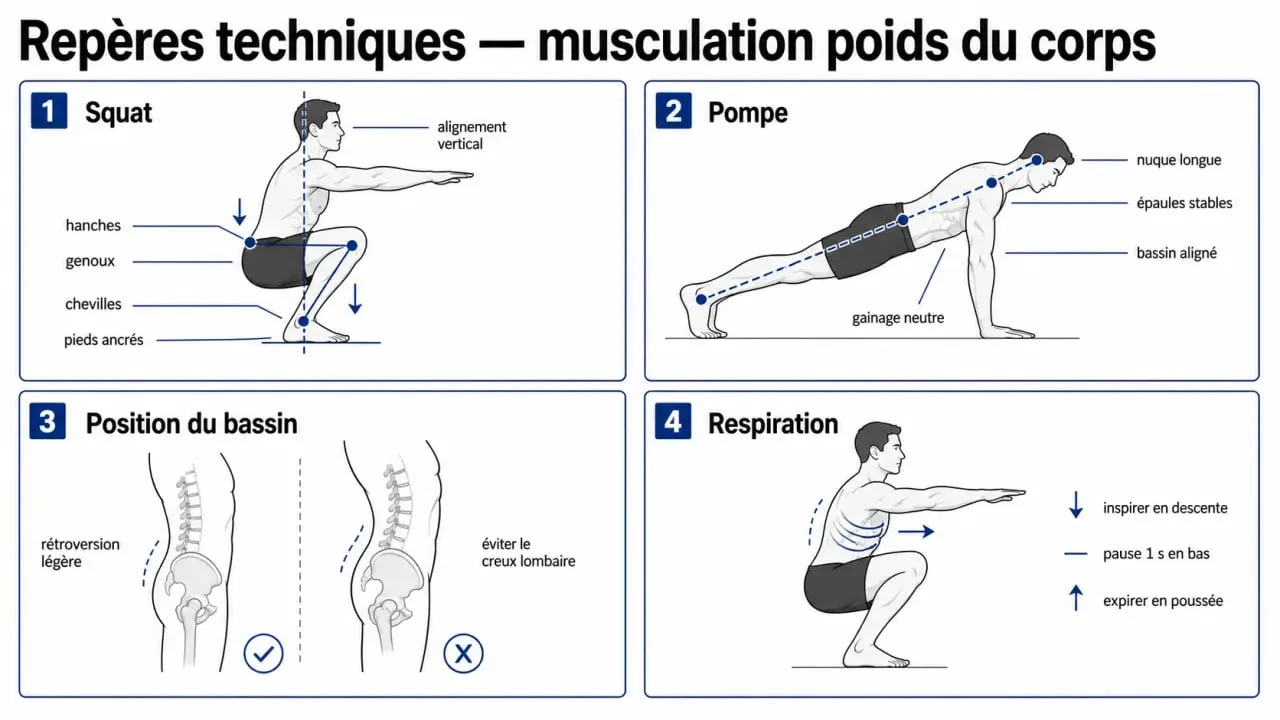 Musculation poids du corps programme : repères de posture et d'alignement pour pompes, squats et gainage