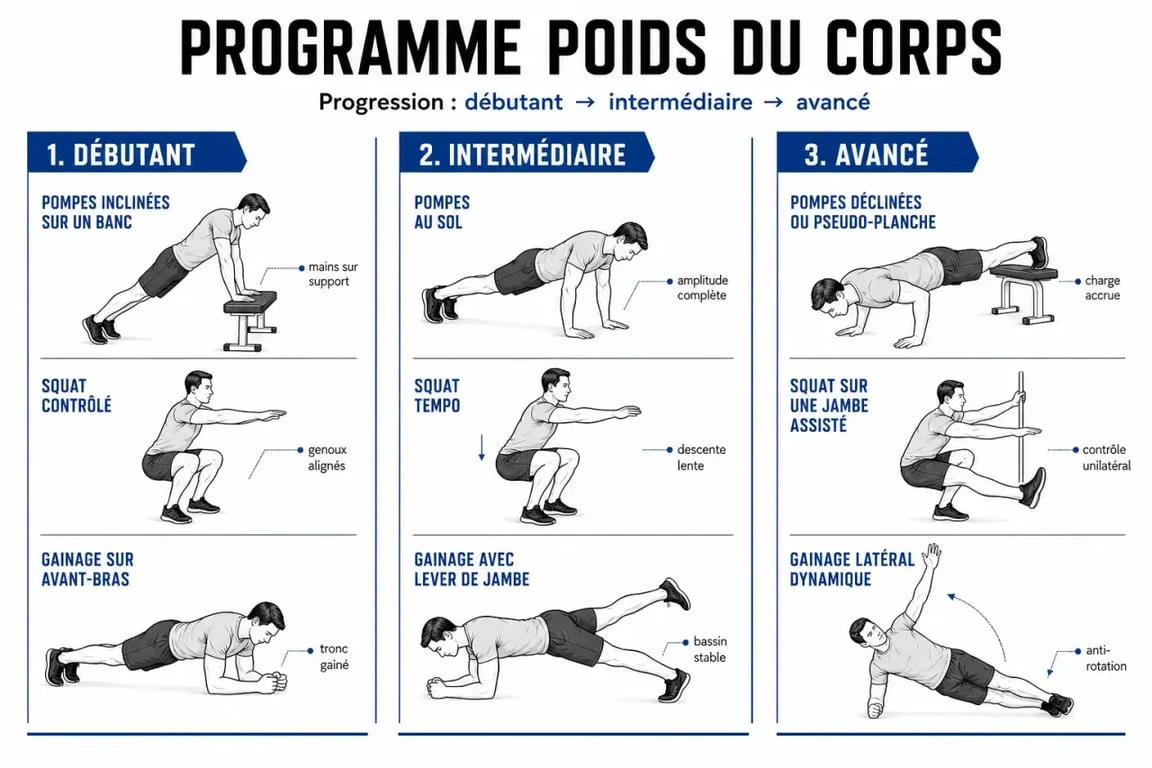 Musculation poids du corps programme : progression du débutant à l'avancé avec pompes, squats et gainage