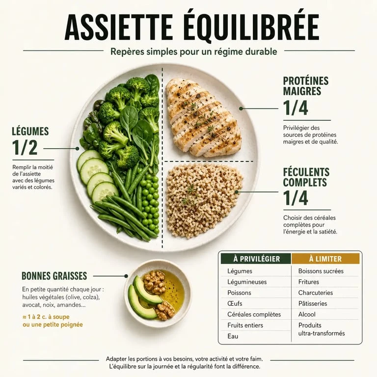 Quoi manger en regime : assiette équilibrée avec légumes, protéines maigres et féculents complets