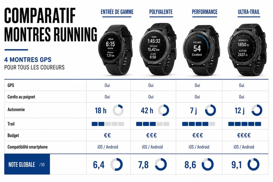 Comparatif montre running avec montres GPS cardio, critères d'autonomie, GPS et budget