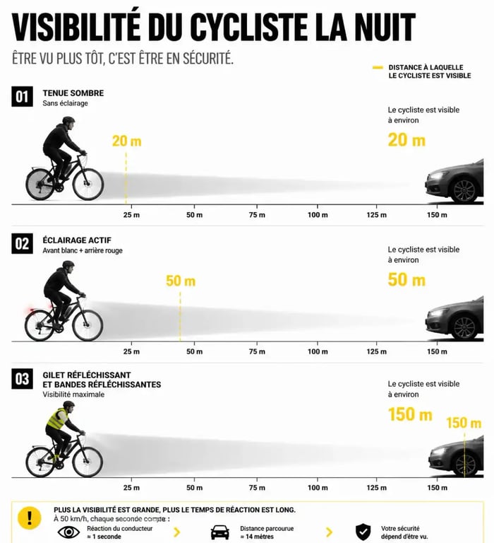 Infographie des distances de visibilité d'un cycliste la nuit selon son équipement