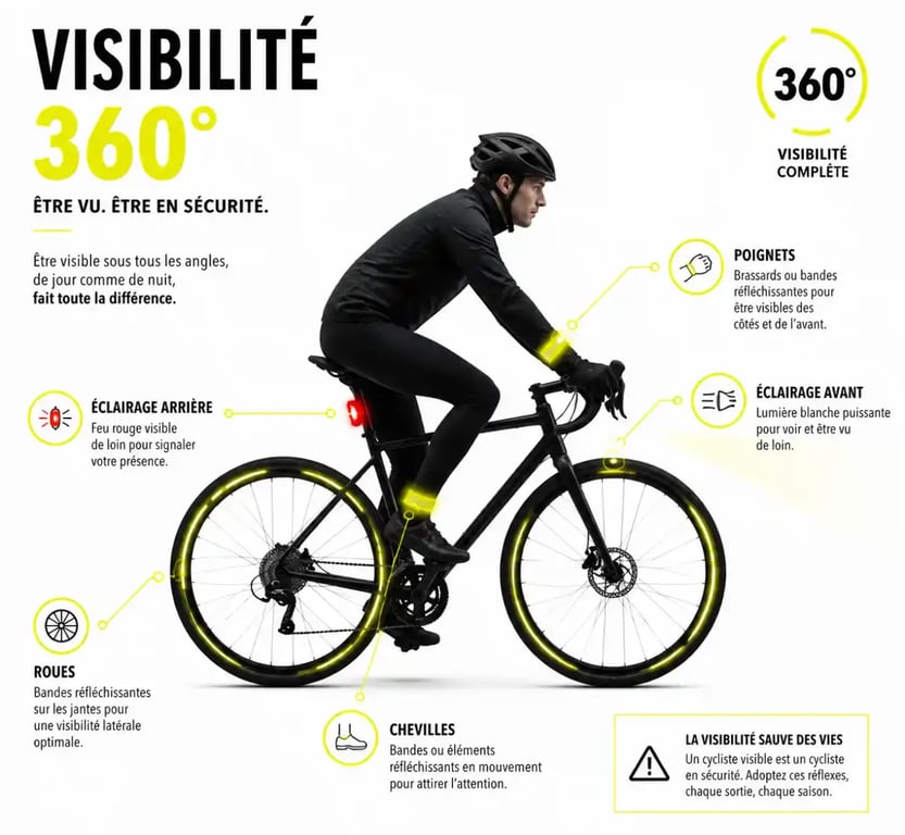 Schéma des équipements réfléchissants et points de visibilité à 360 degrés sur un vélo