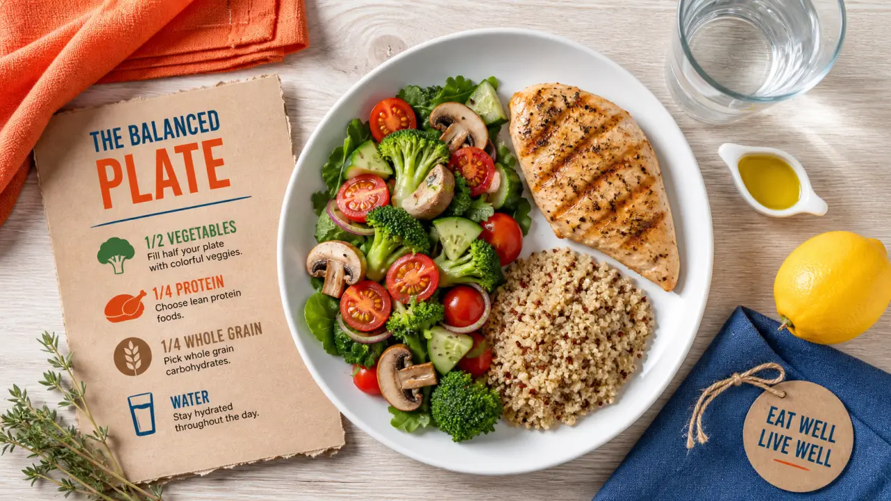Quoi manger en regime : assiette protéines, fibres, légumes et féculent complet