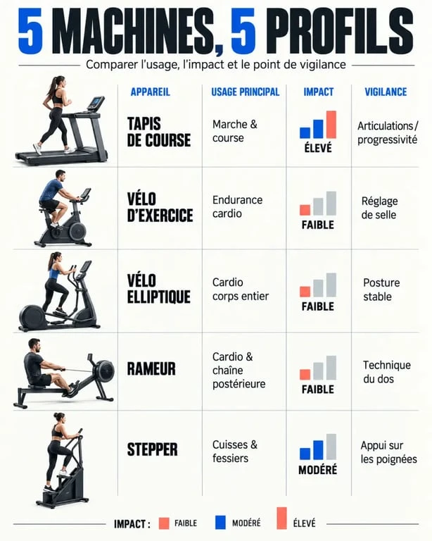 Infographie comparative des machines de salle de sport et de leurs usages