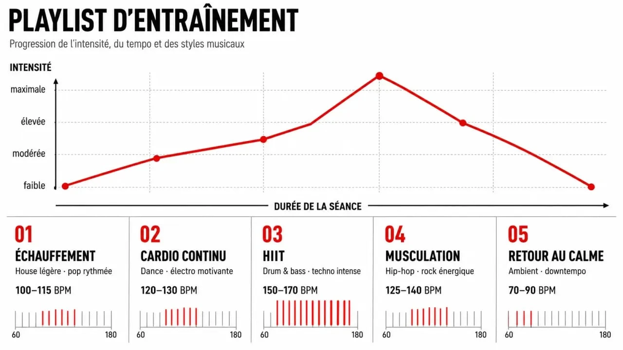 Infographie sur la musique de salle de sport selon les phases de l’entraînement