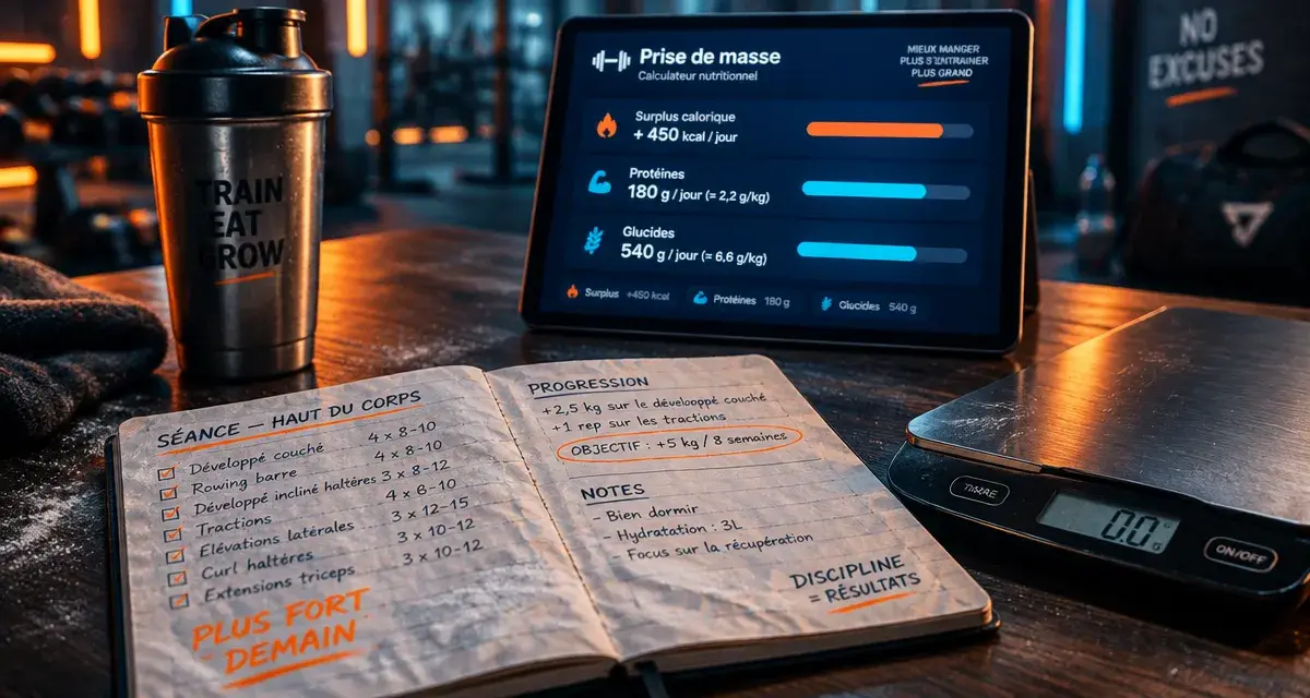 Prise de masse musculaire : carnet, shaker et surplus calories pour muscle