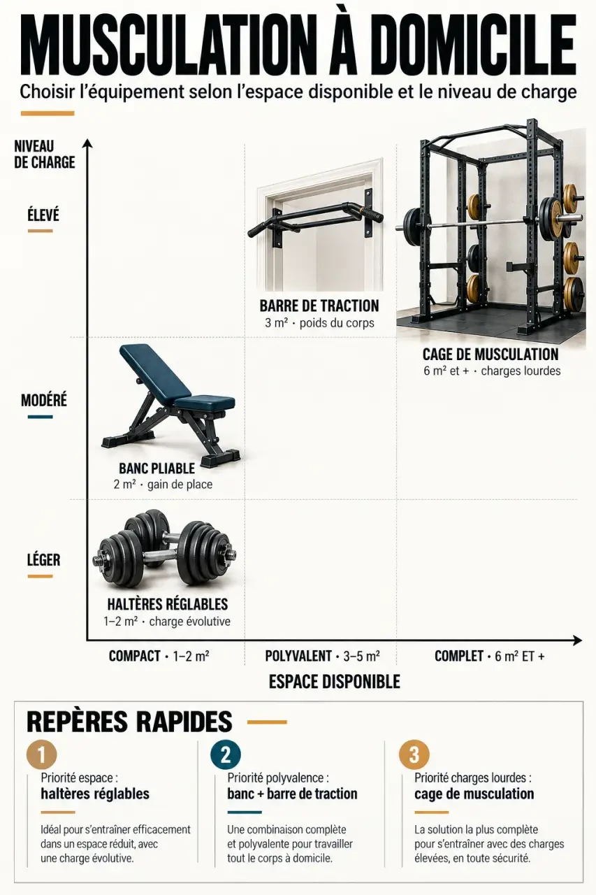 Infographie des équipements pour musculation à domicile selon l'espace et les objectifs