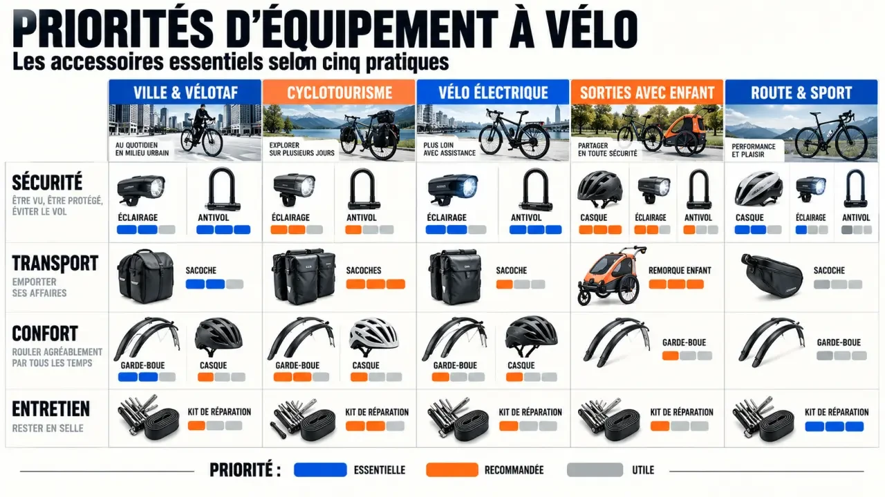Velo accessoire : équipements prioritaires selon la pratique du cycliste