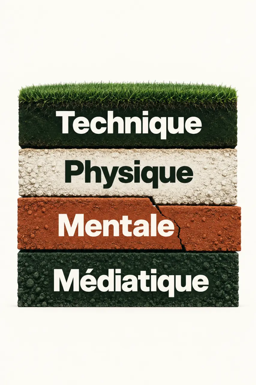 Schéma des quatre strates d'une trajectoire de jeunes pépites du football européen : technique, physique, mentale et médiatique
