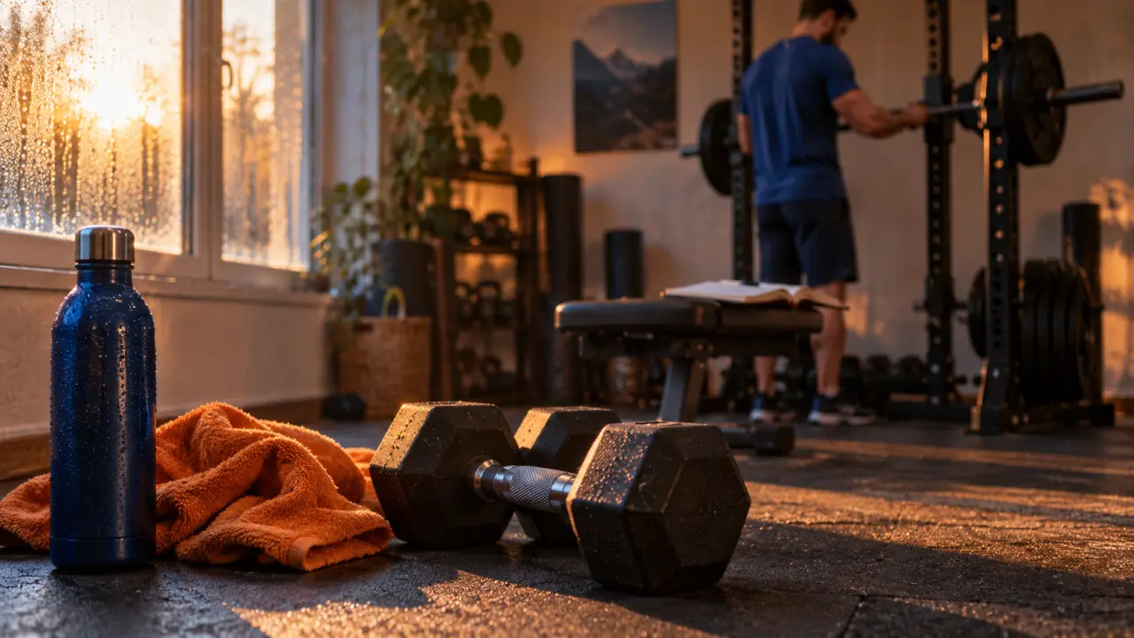 Musculation le matin : haltères en home-gym, lumière du matin