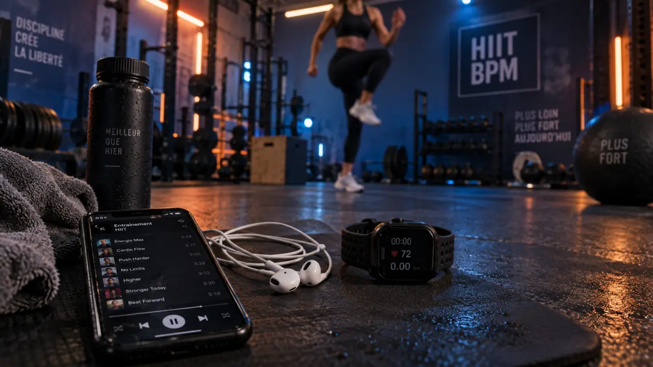 Musique fitness : smartphone HIIT BPM et écouteurs sur tapis de sport