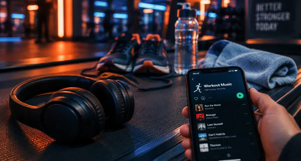 Musique sport motivation : casque et smartphone sur tapis de course