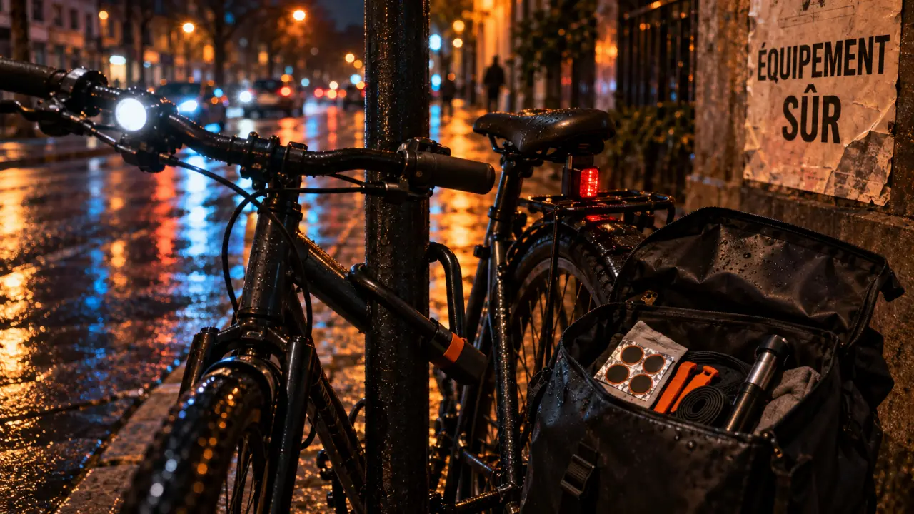 Velo accessoire : éclairage, antivol et sacoche étanche pour rouler au sec